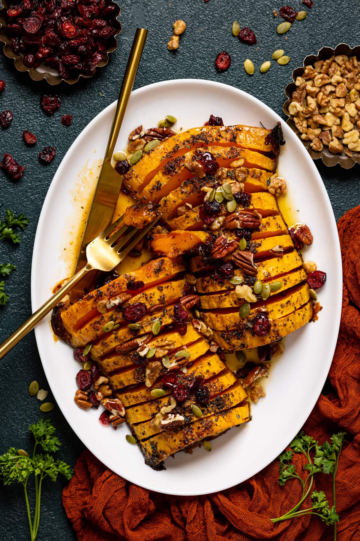 Overhead shot of sliced Maple Herb Roasted Butternut Squash