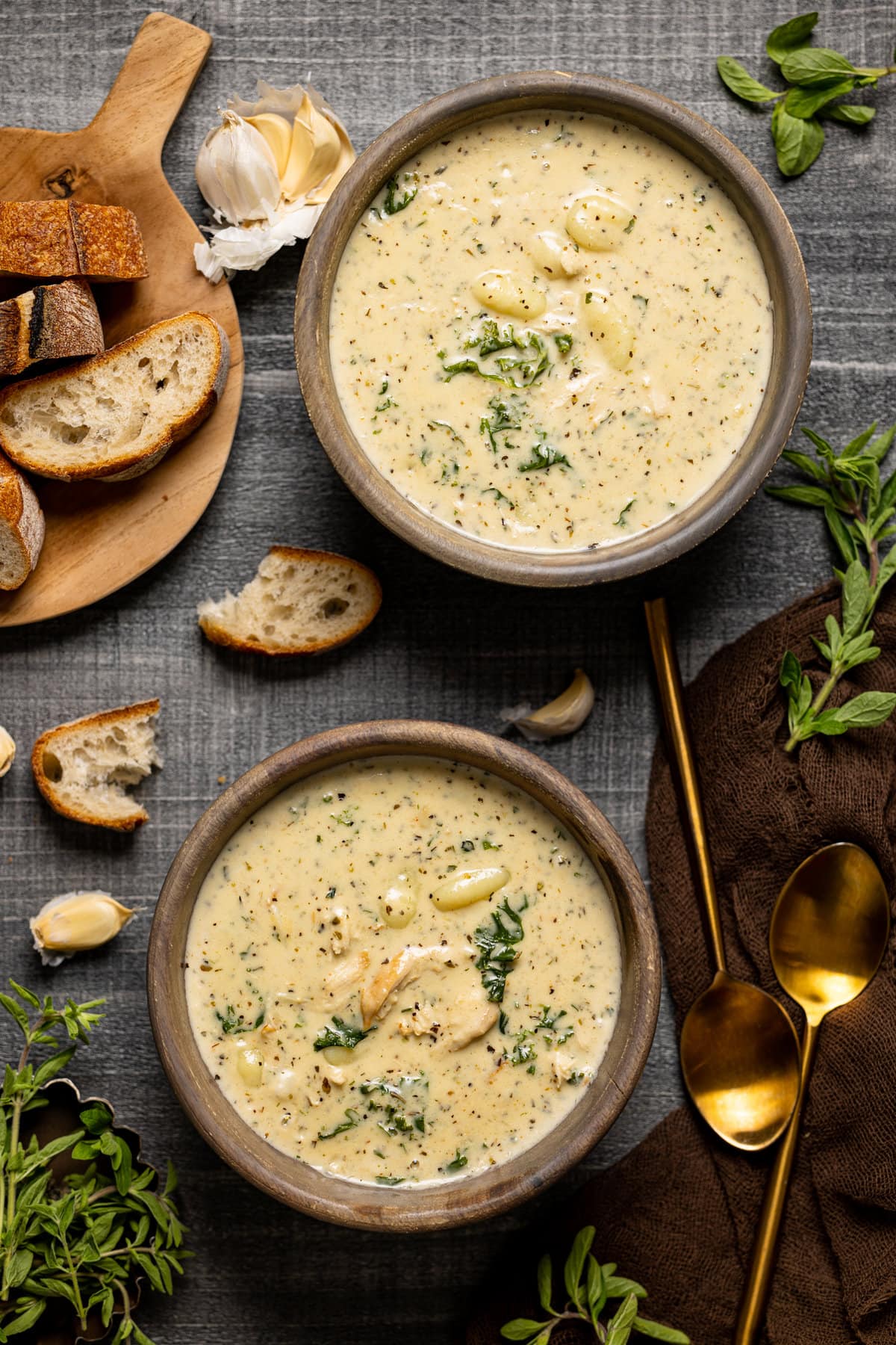 Two bowls of Creamy Garlic Chicken Gnocchi Soup