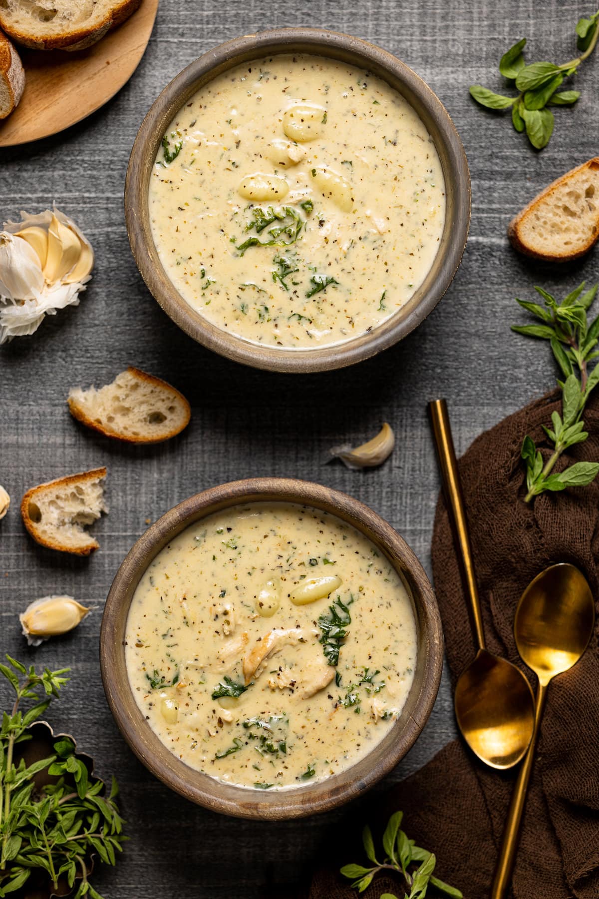 Two bowls of Creamy Garlic Chicken Gnocchi Soup