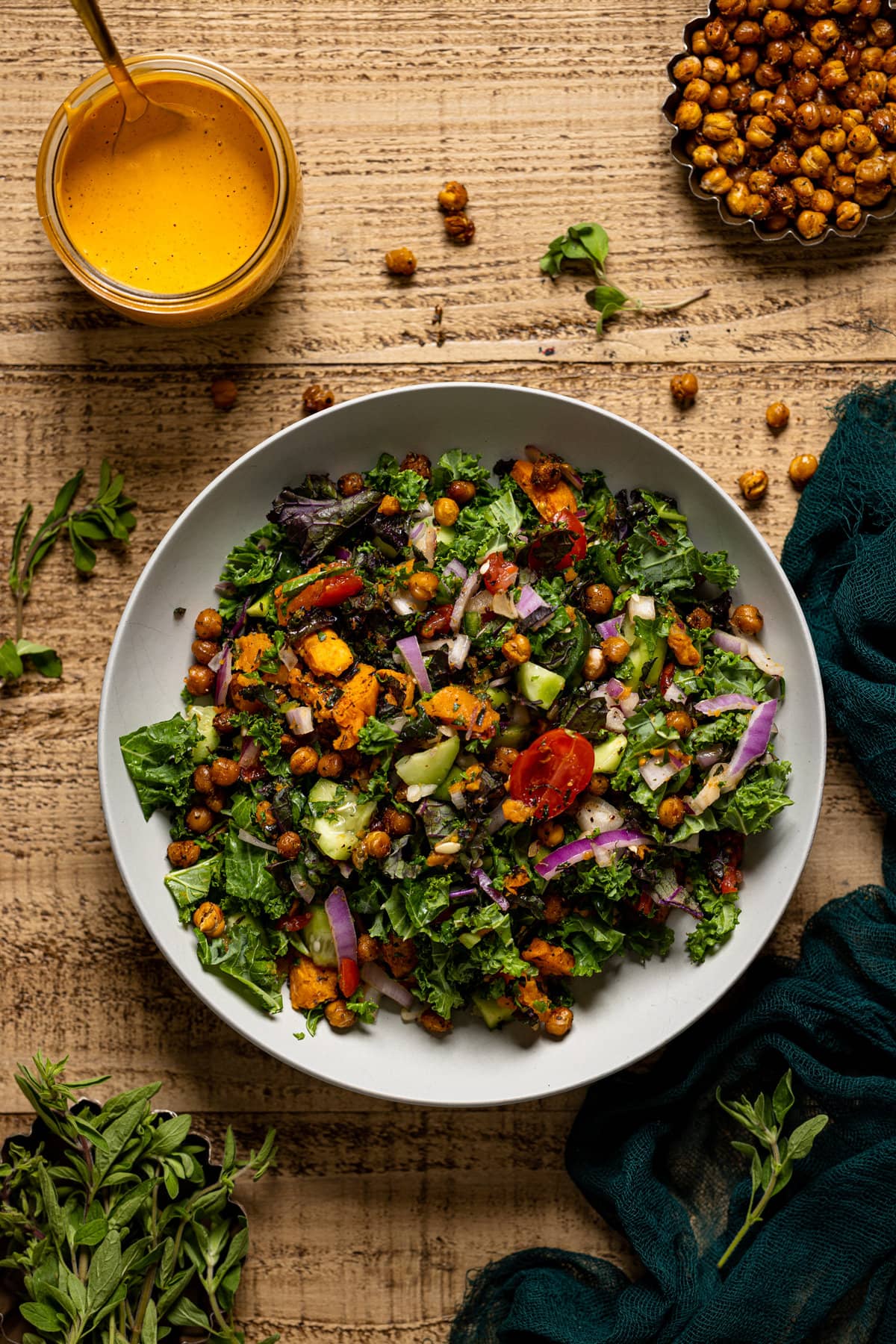 Overhead shot of a bowl of Spicy Chipotle Sweet Potato Chopped Salad