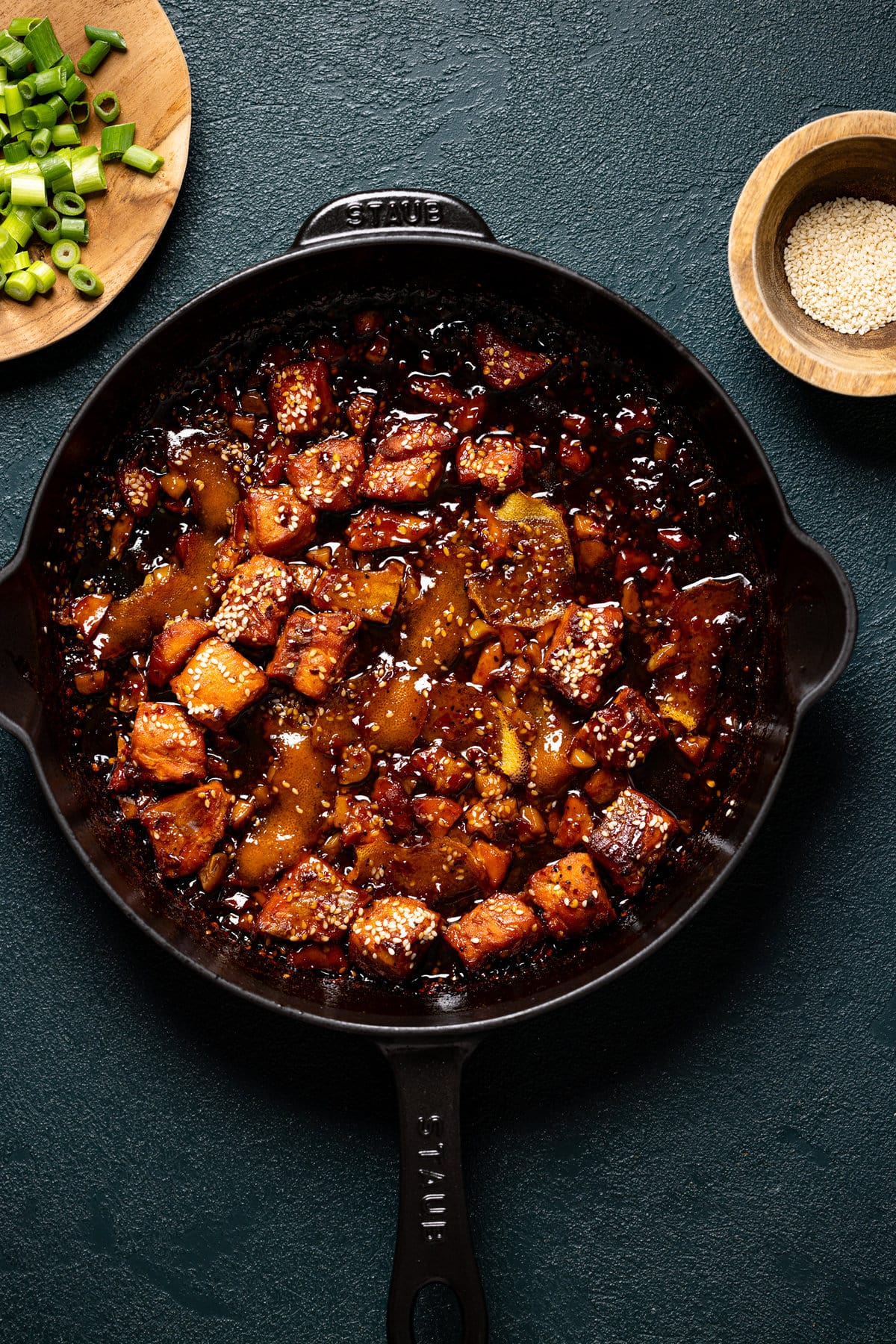 Orange salmon in a skillet