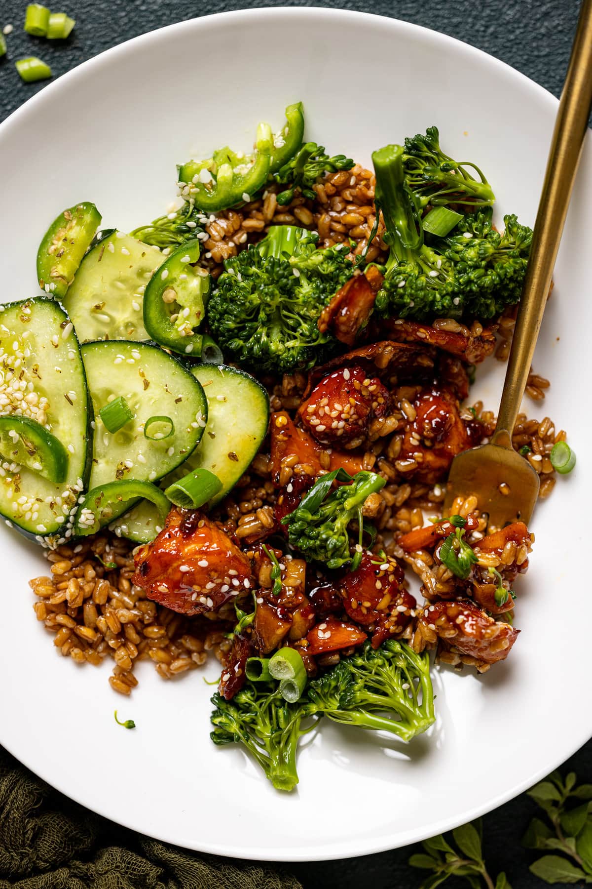 Closeup of an Orange Salmon Bowl with Farro