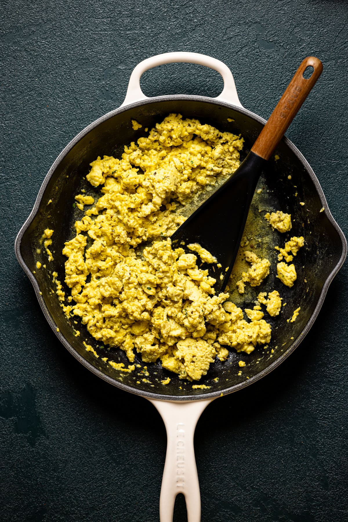 Skillet of plant-based eggs