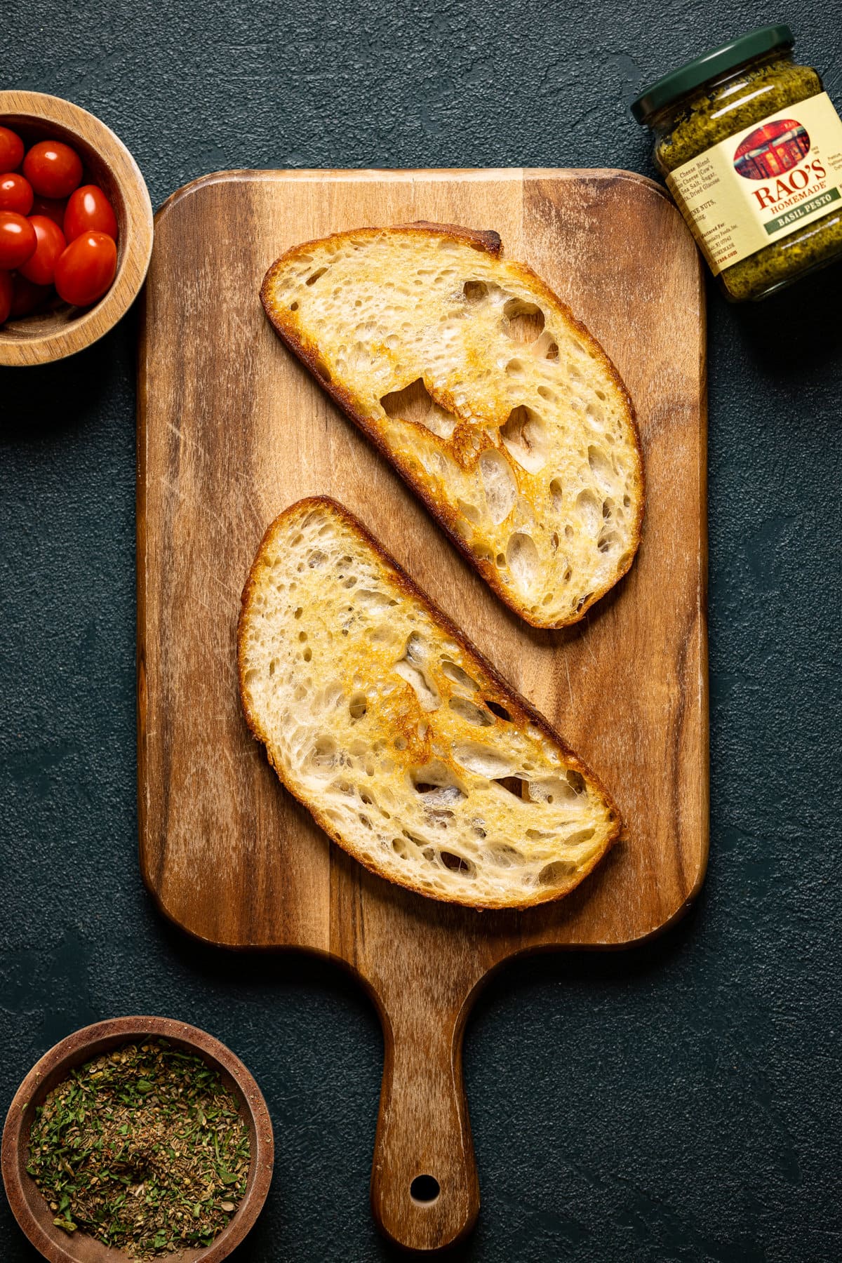 Two slices of toast on a cutting board