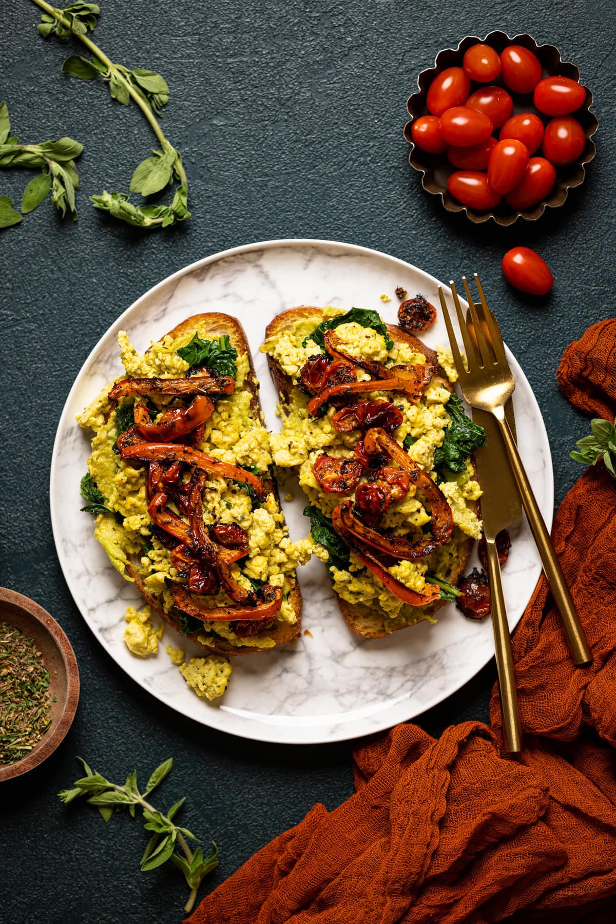 Vegan Pesto Egg Avocado Toast with silverware