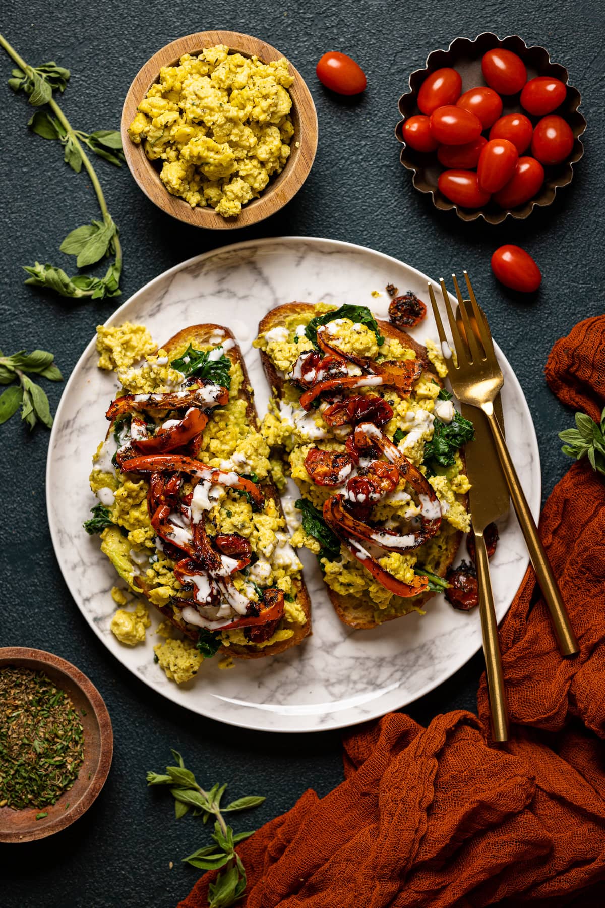 Vegan Pesto Egg Avocado Toast with silverware