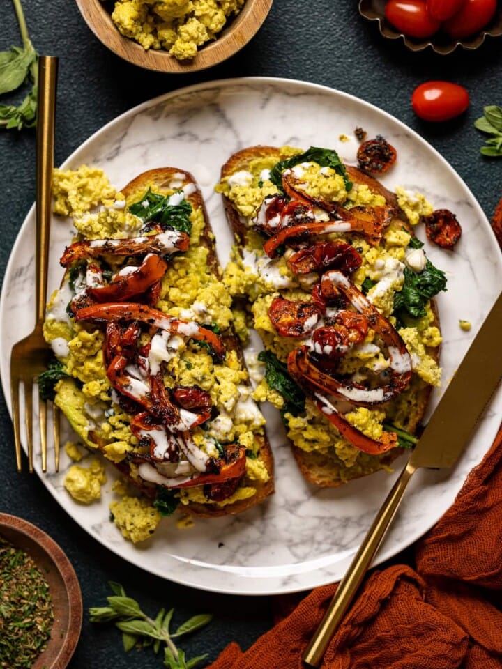 Overhead shot of Vegan Pesto Egg Avocado Toast