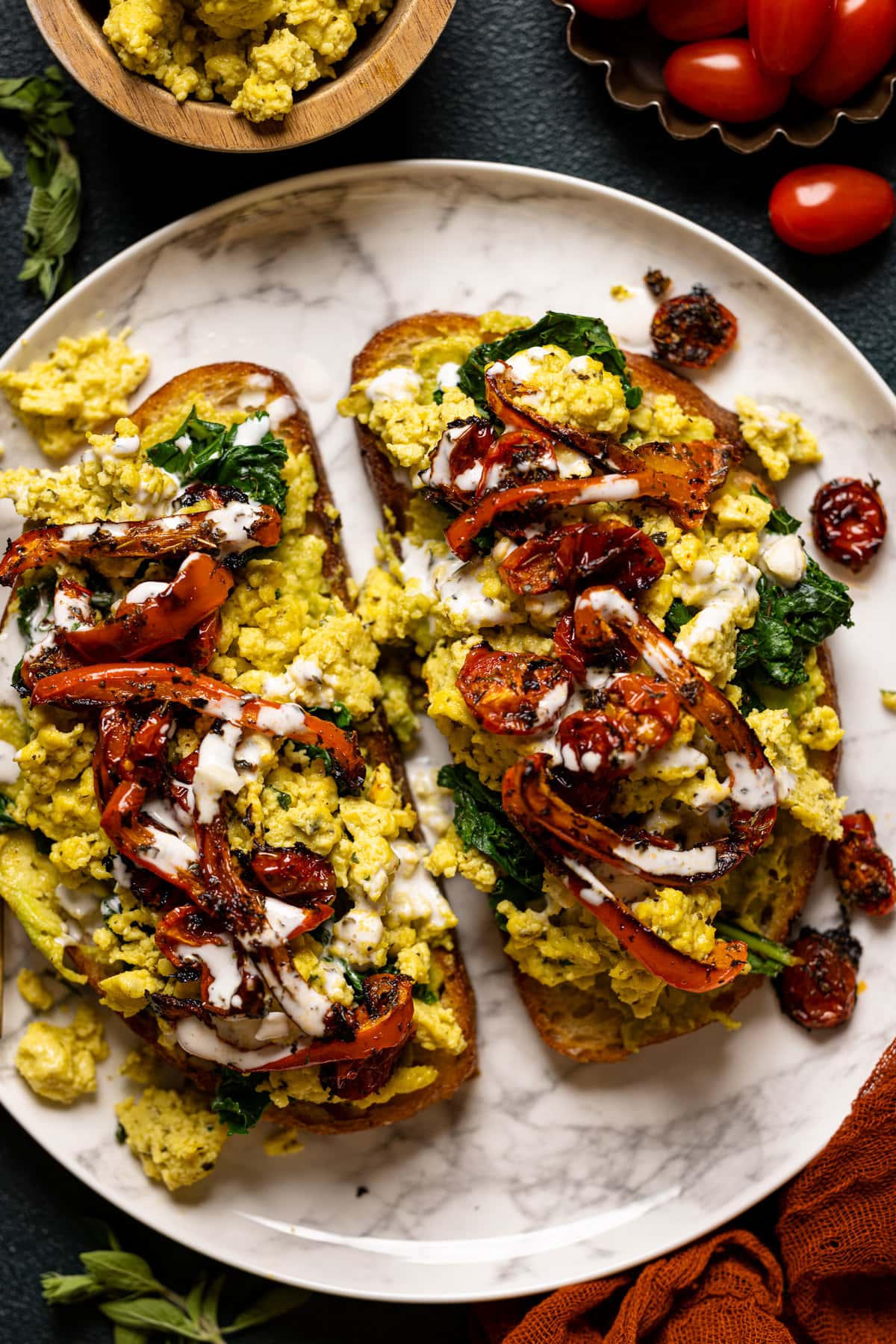 Closeup of Vegan Pesto Egg Avocado Toast