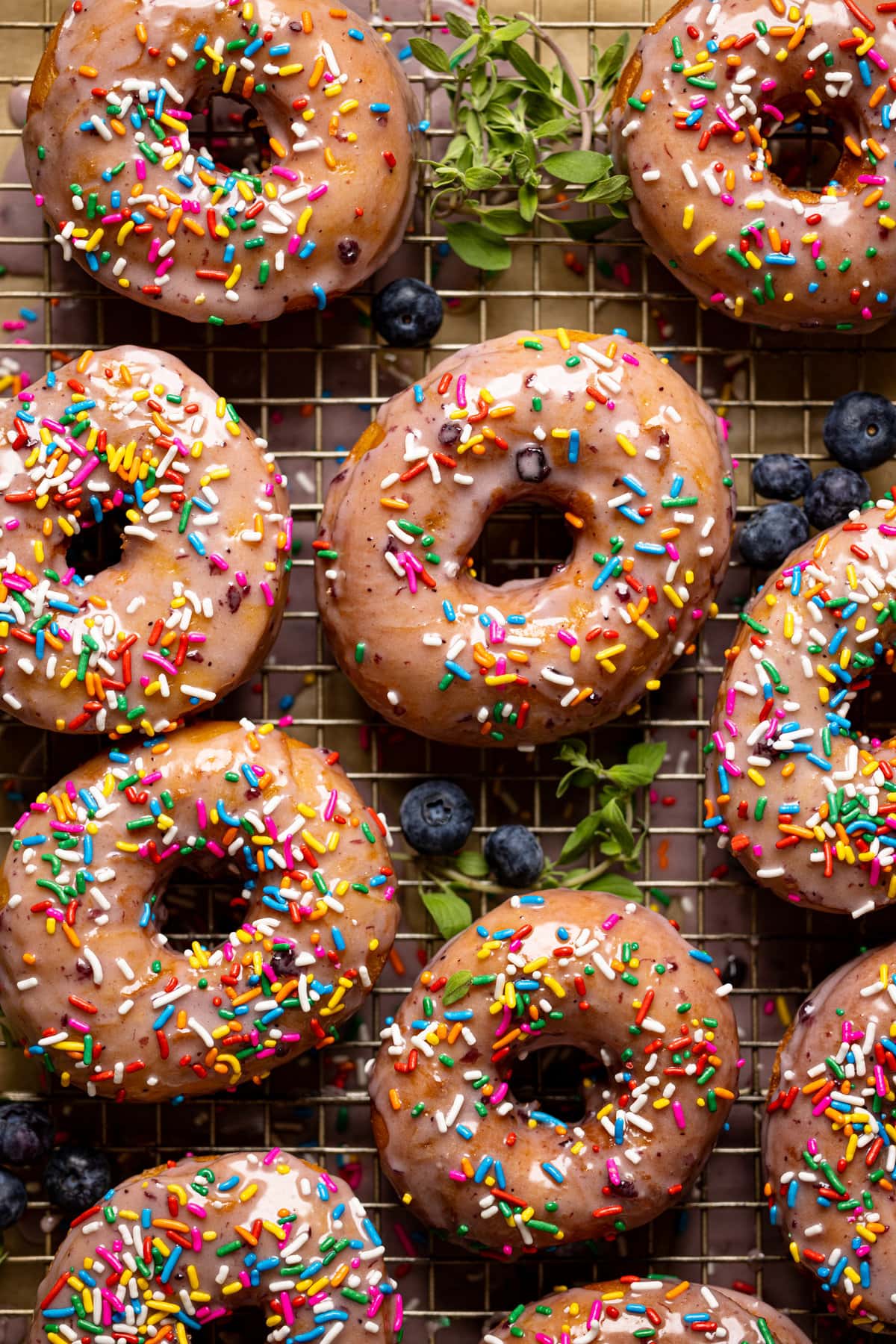 Lemon Blueberry Doughnuts with Sprinkles on a wire rack