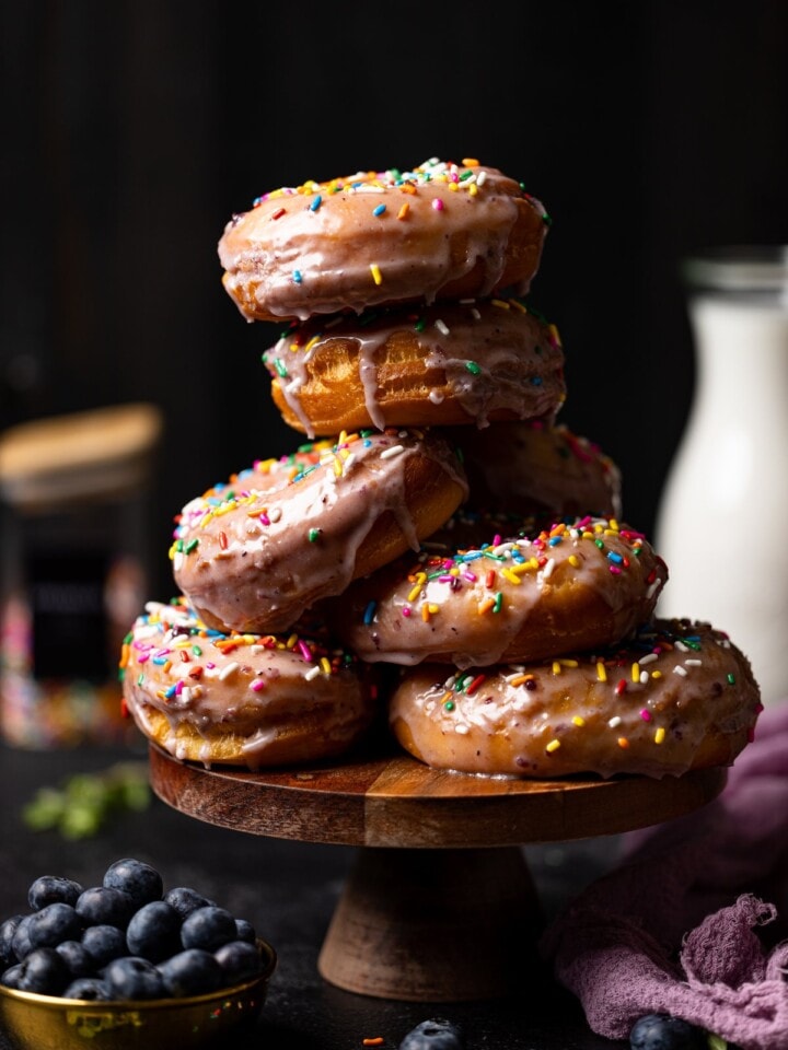 Lemon Blueberry Doughnuts with Sprinkles piled on a serving dish