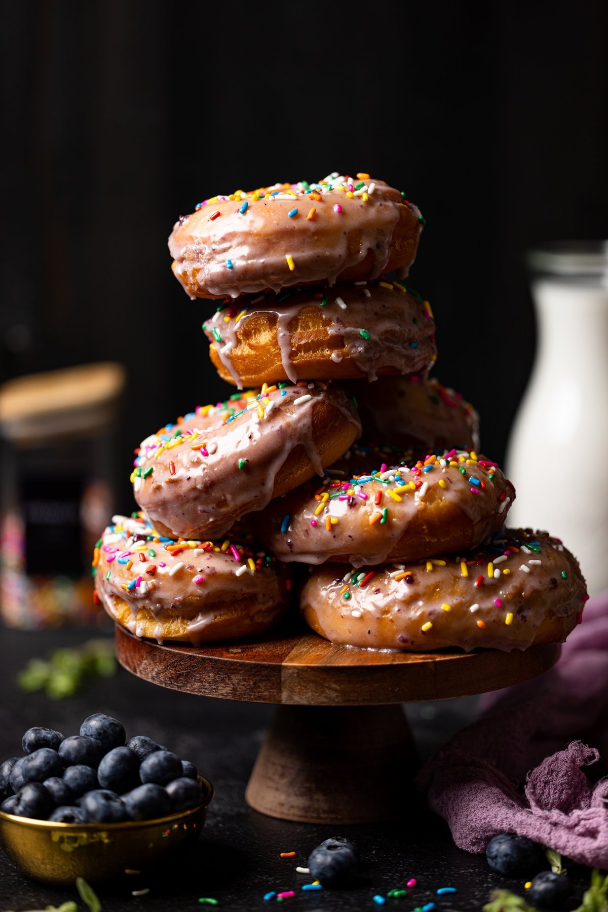 Lemon Blueberry Doughnuts with Sprinkles piled on a serving dish