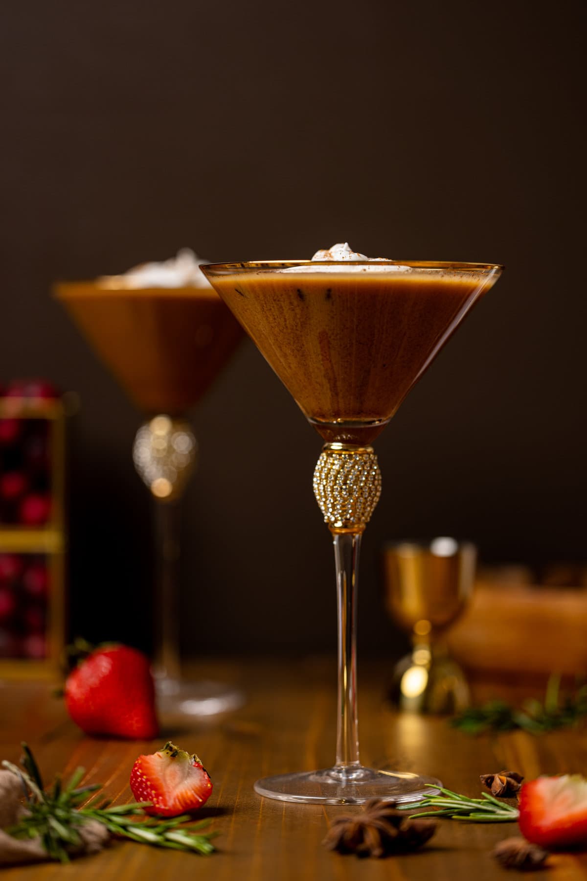 Two Dirty Chai Martini Mocktails in jeweled martini glasses