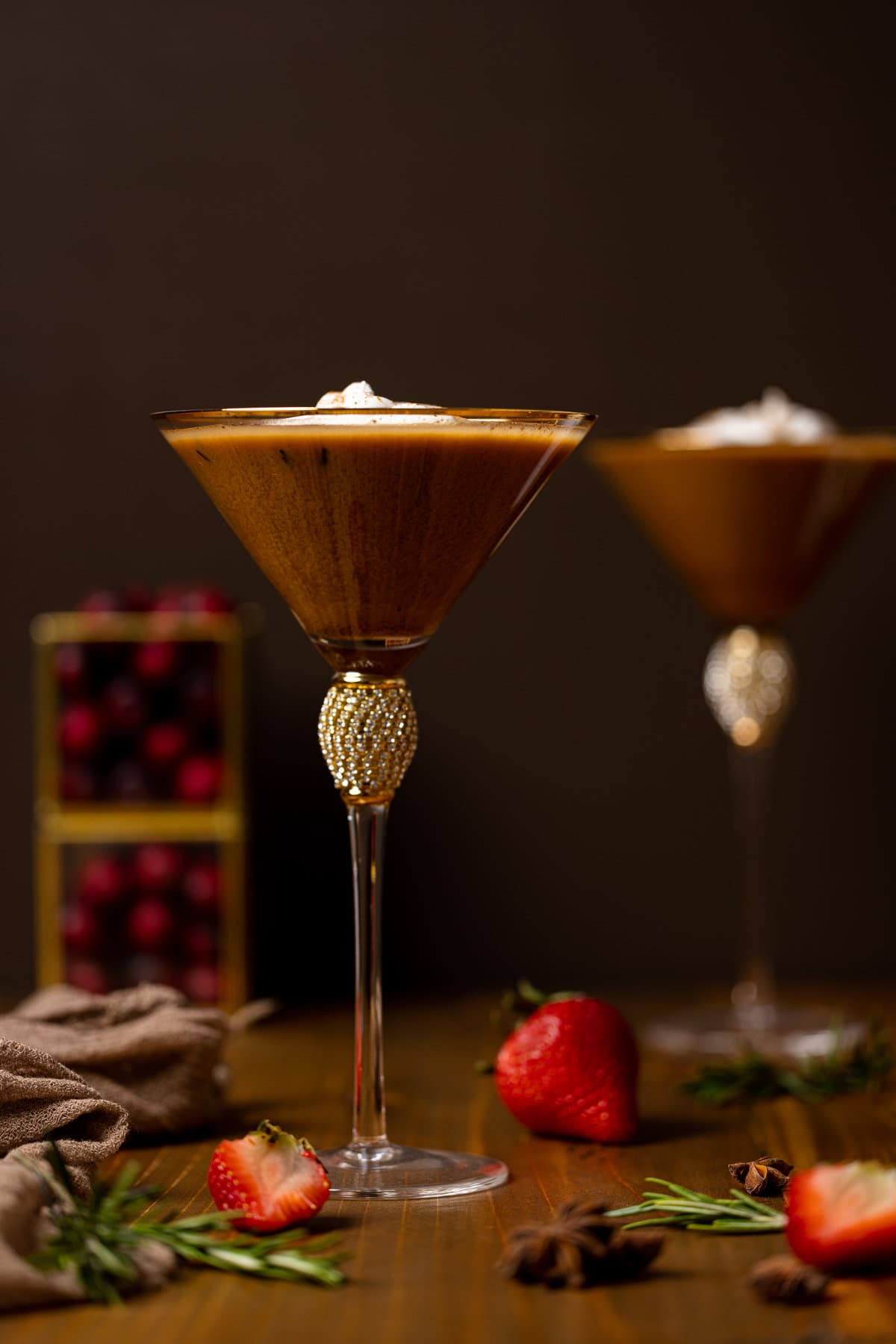 Two Dirty Chai Martini Mocktails in jeweled martini glasses