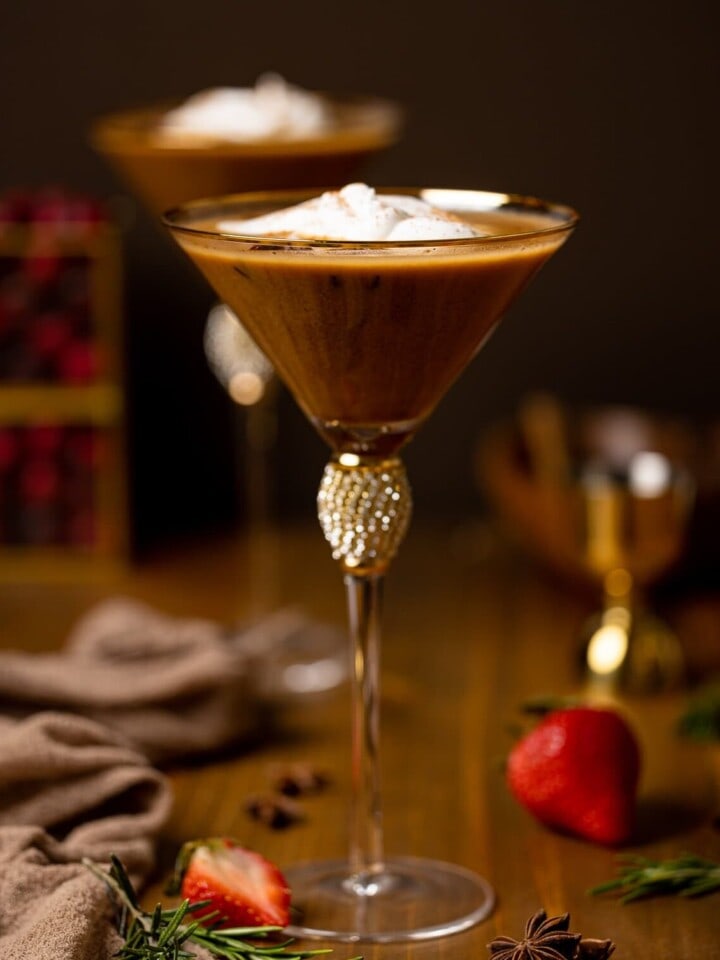 Dirty Chai Martini Mocktail in a jeweled martini glass