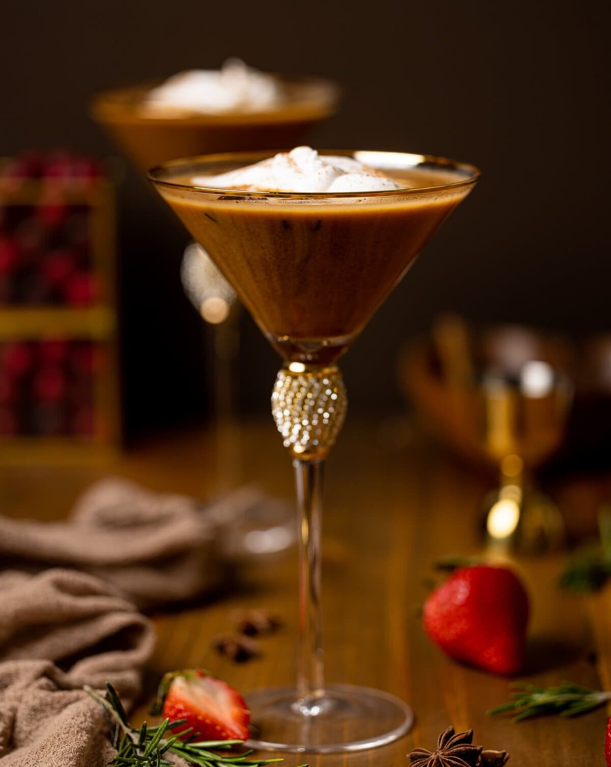 Dirty Chai Martini Mocktail in a jeweled martini glass
