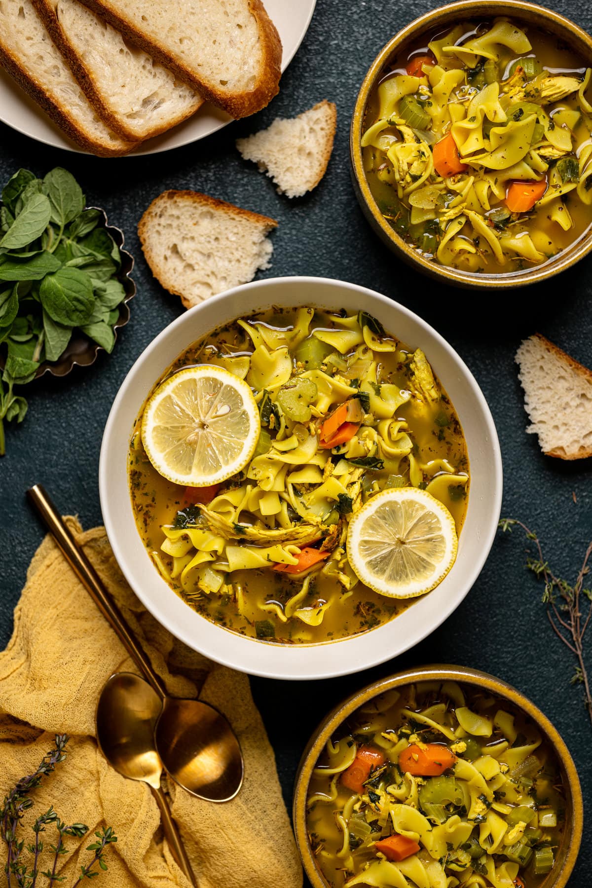 Three bowls of Nourishing Chicken Noodle Soup