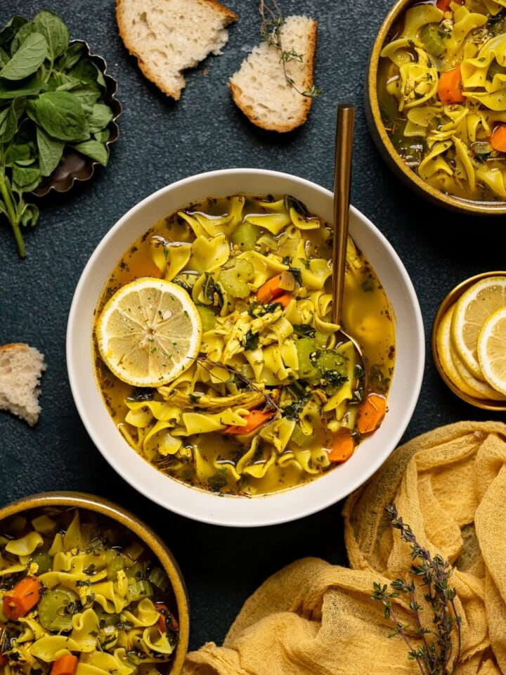 Overhead shot of a bowl of Nourishing Chicken Noodle Soup