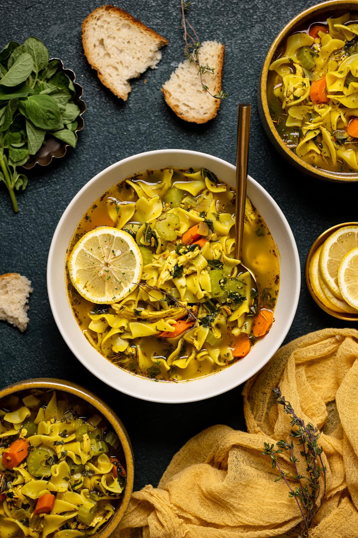 Overhead shot of a bowl of Nourishing Chicken Noodle Soup