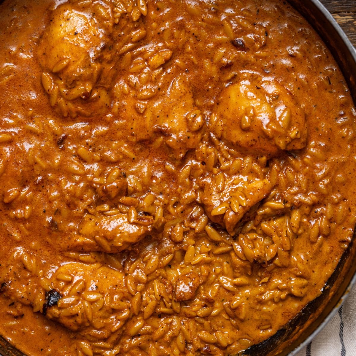 One Pot Creamy Cajun Chicken Orzo up close.