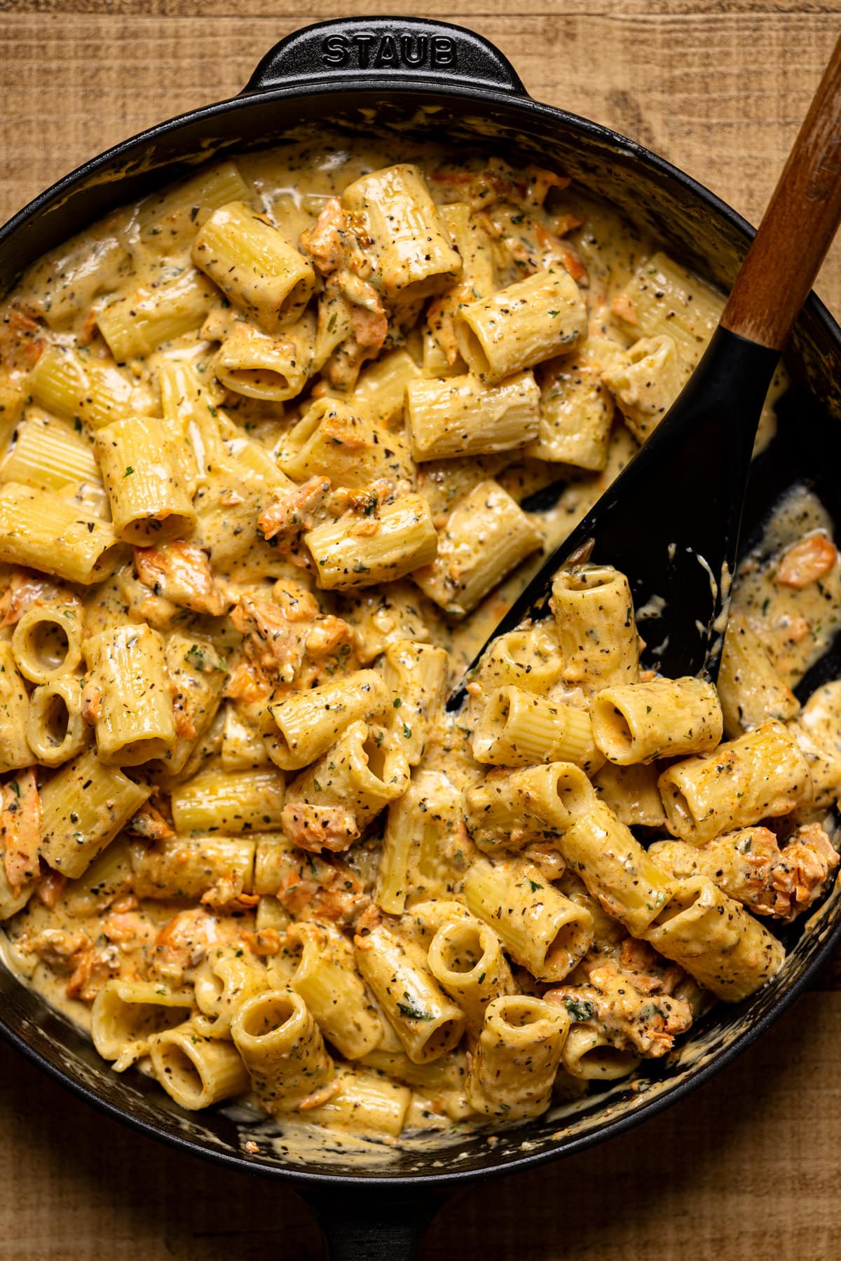 Closeup of a pan of Creamy Salmon Alfredo Pasta 