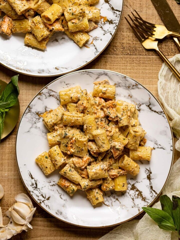 Overhead shot of Creamy Salmon Alfredo Pasta