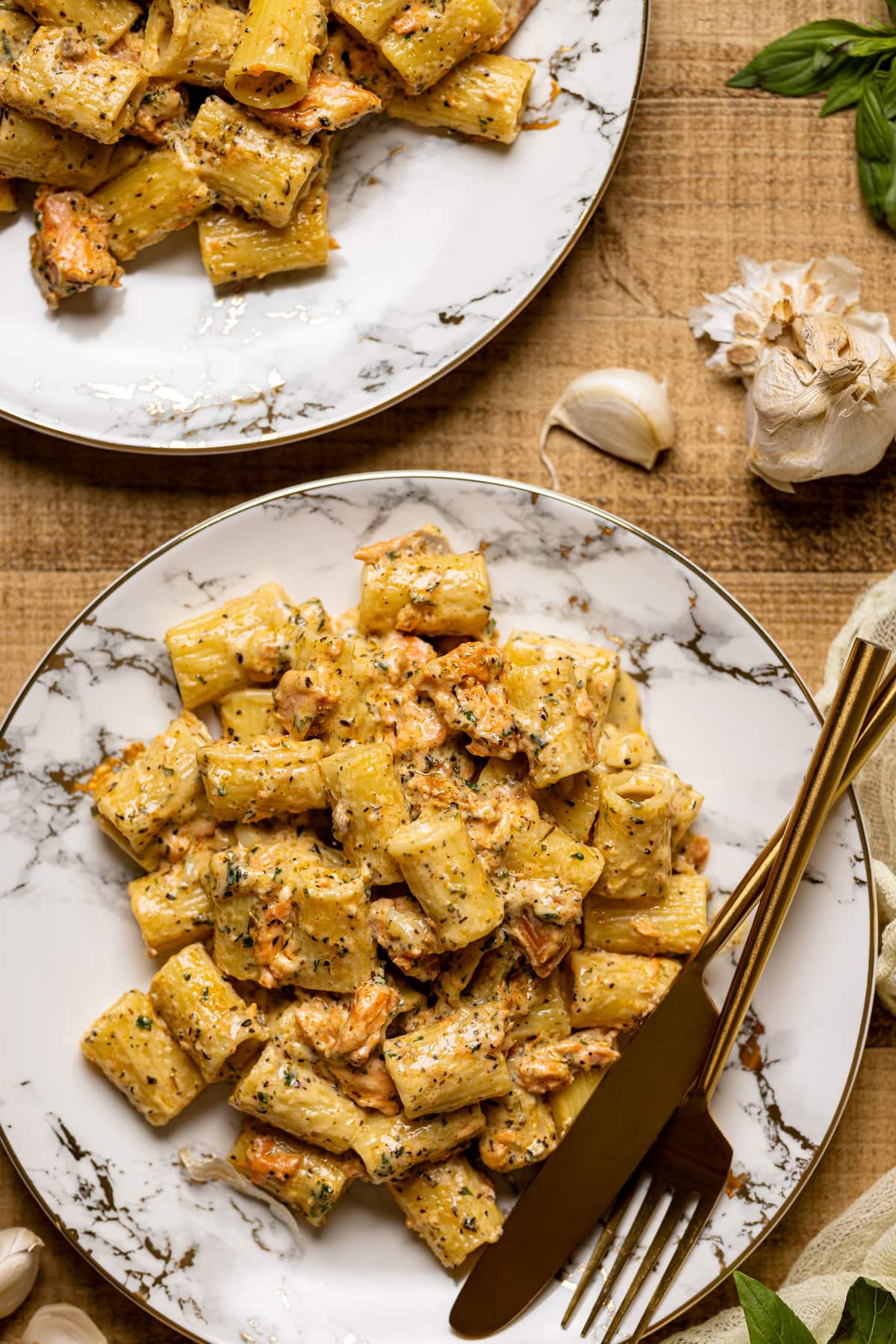 Closeup of Creamy Salmon Alfredo Pasta 