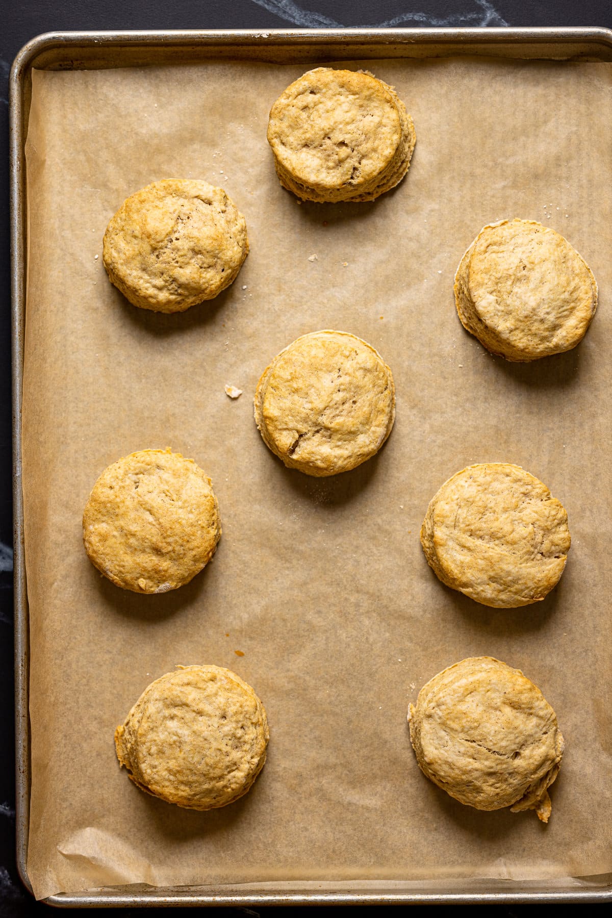 Vegan Strawberry Shortcake biscuits on a baking sheet