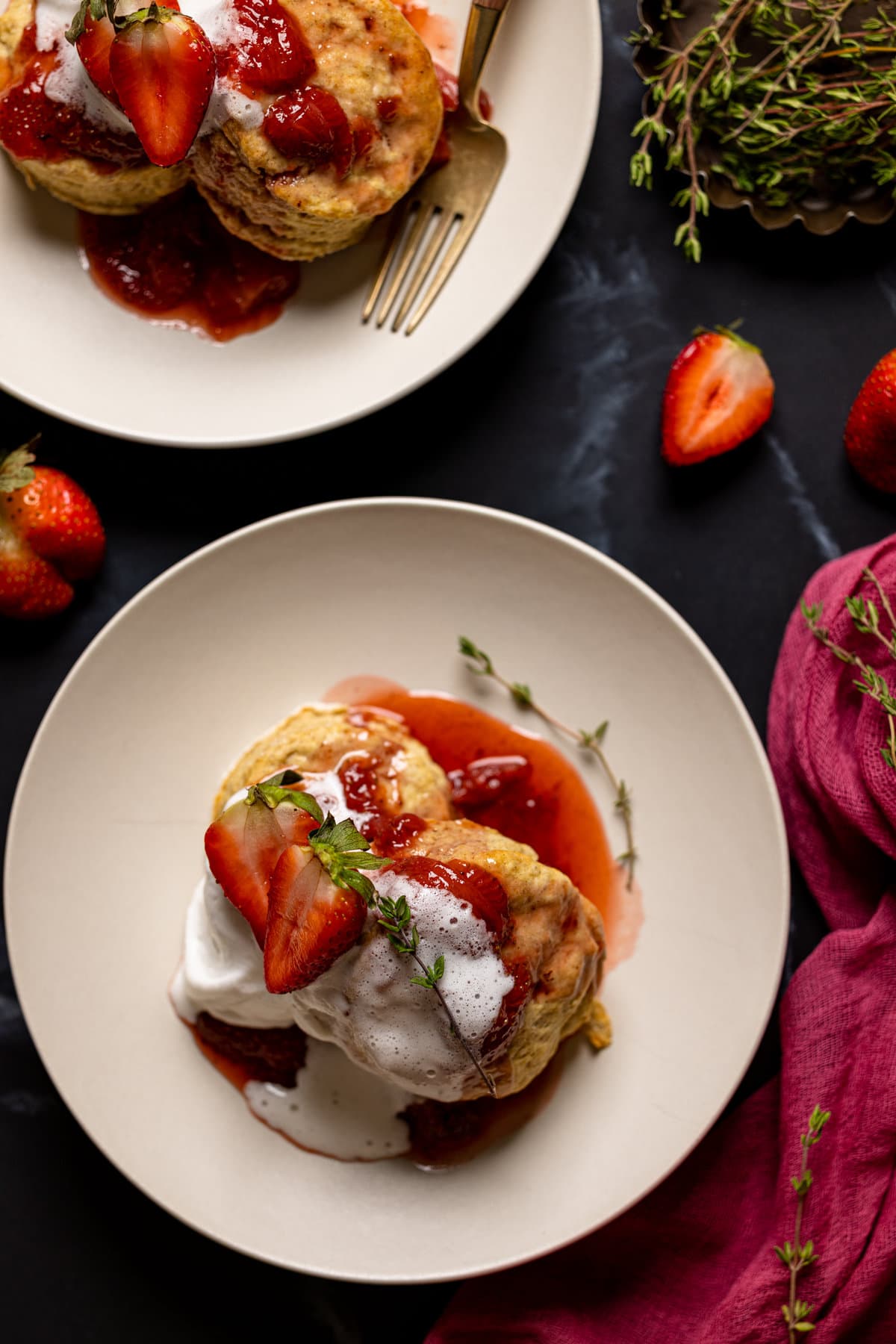 Overhead shot of a plate of Vegan Strawberry Shortcake