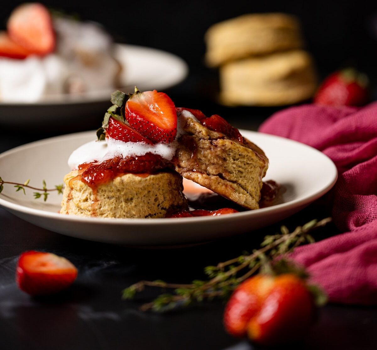 Two Vegan Strawberry Shortcakes on a plate