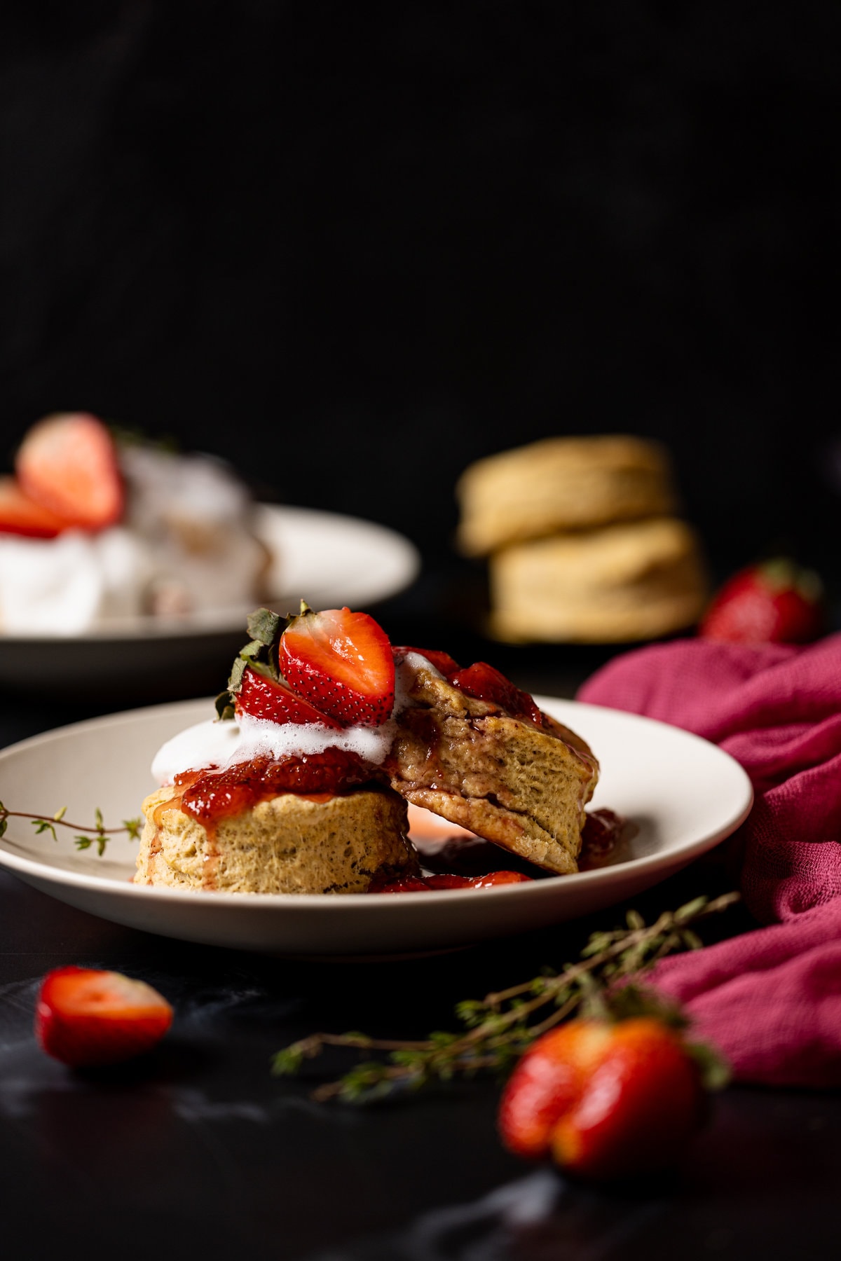 Two Vegan Strawberry Shortcakes on a plate