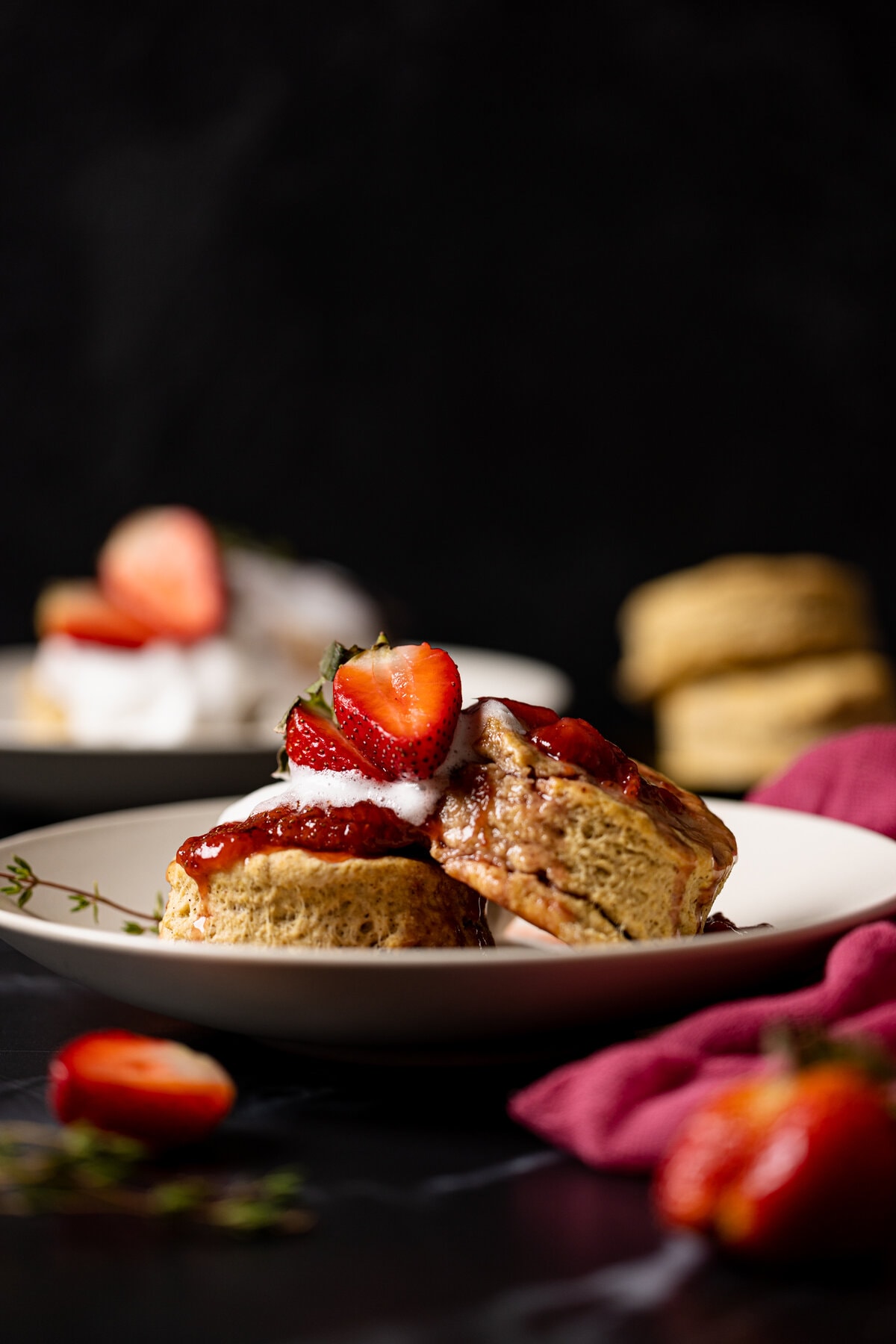 Two Vegan Strawberry Shortcakes on a plate