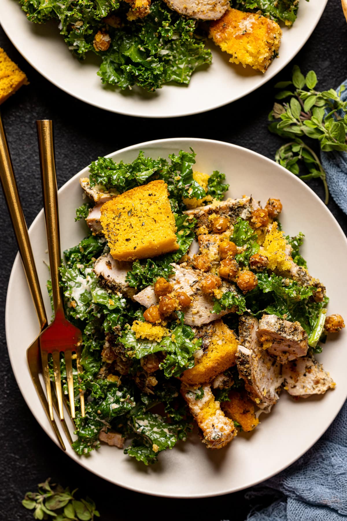 Closeup of Chicken Caesar Salad with Cornbread Croutons