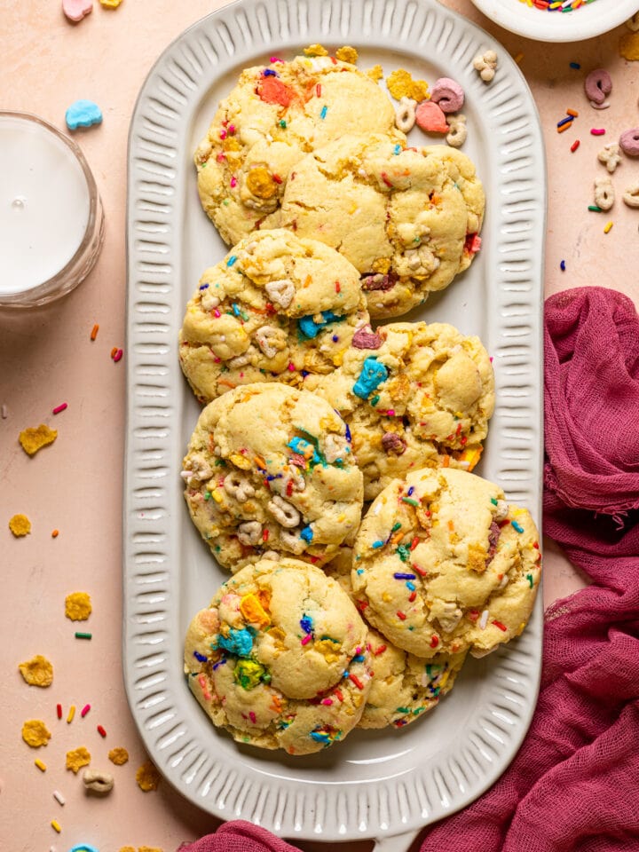 Serving plate full of Loaded Lucky Charms Cornflakes Sugar Cookies