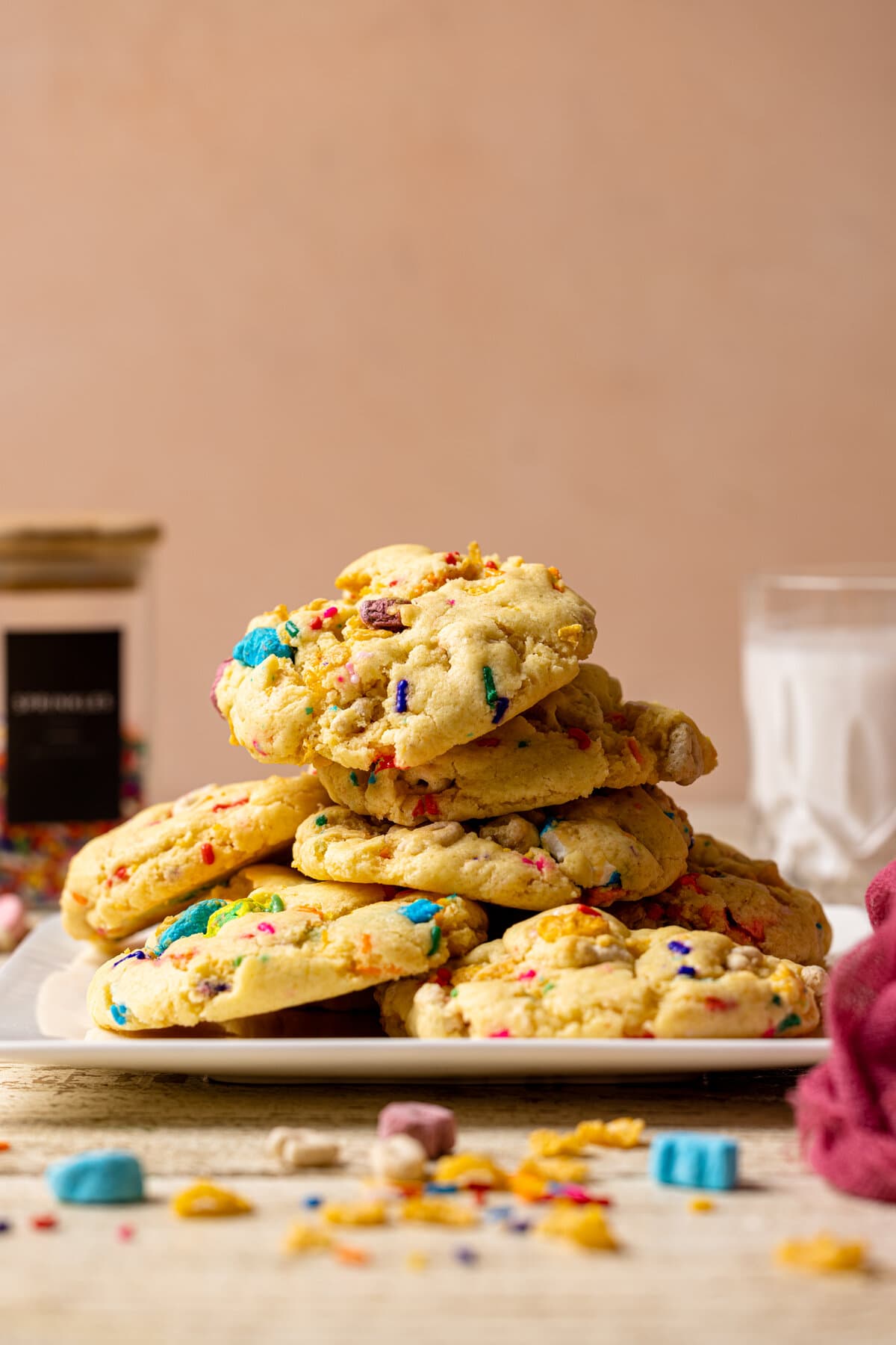 Plate piled with Loaded Lucky Charms Cornflakes Sugar Cookies