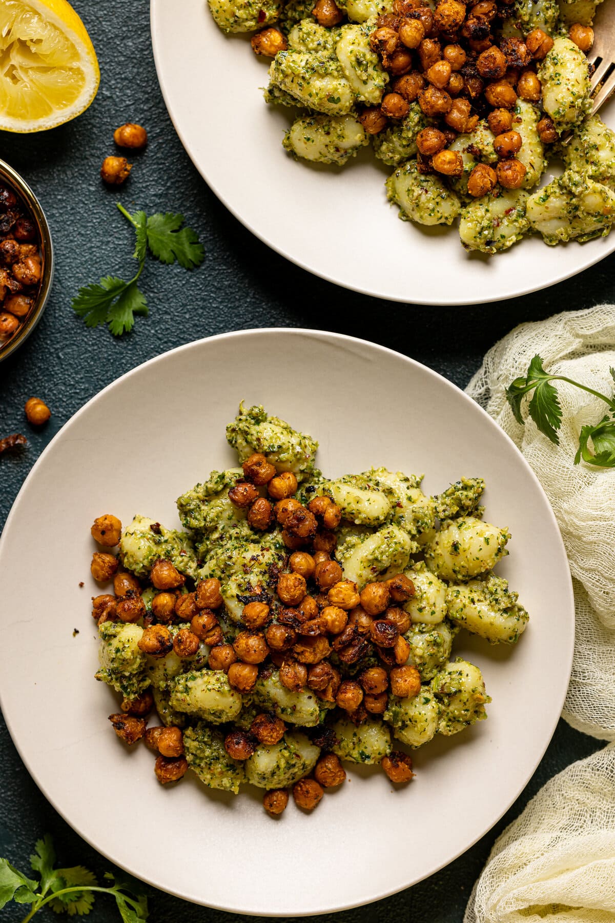 Overhead shot of broccoli pesto gnocchi with chickpeas