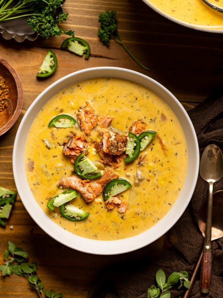 Bowl of Creamy Blackened Salmon Chowder