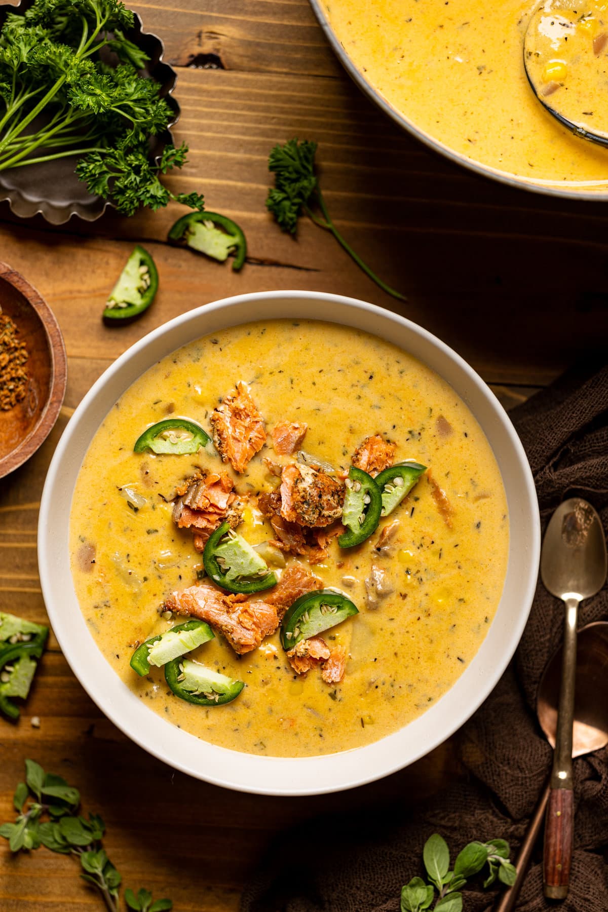 Overhead shot of a bowl of Creamy Blackened Salmon Chowder