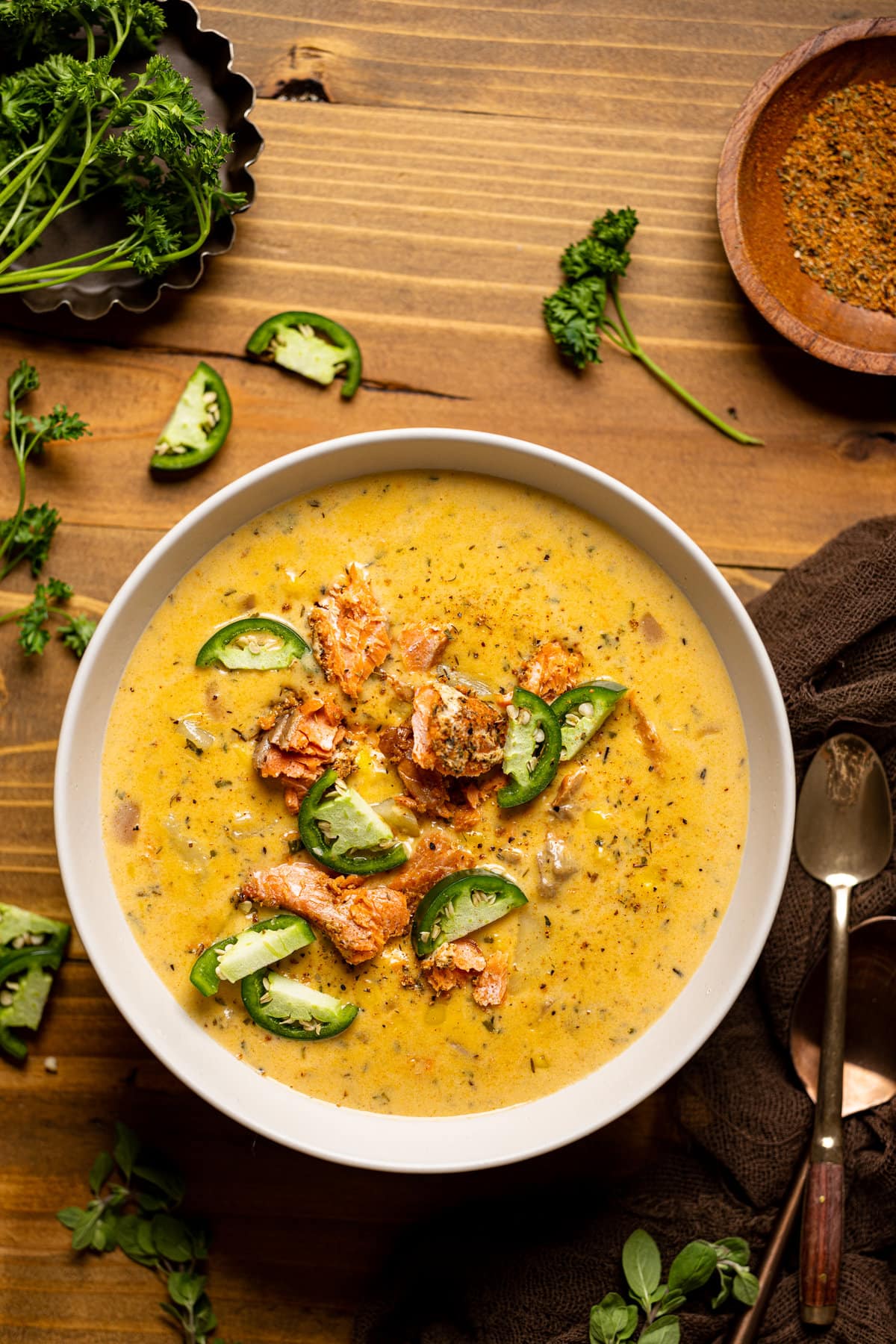 Overhead shot of a bowl of Creamy Blackened Salmon Chowder