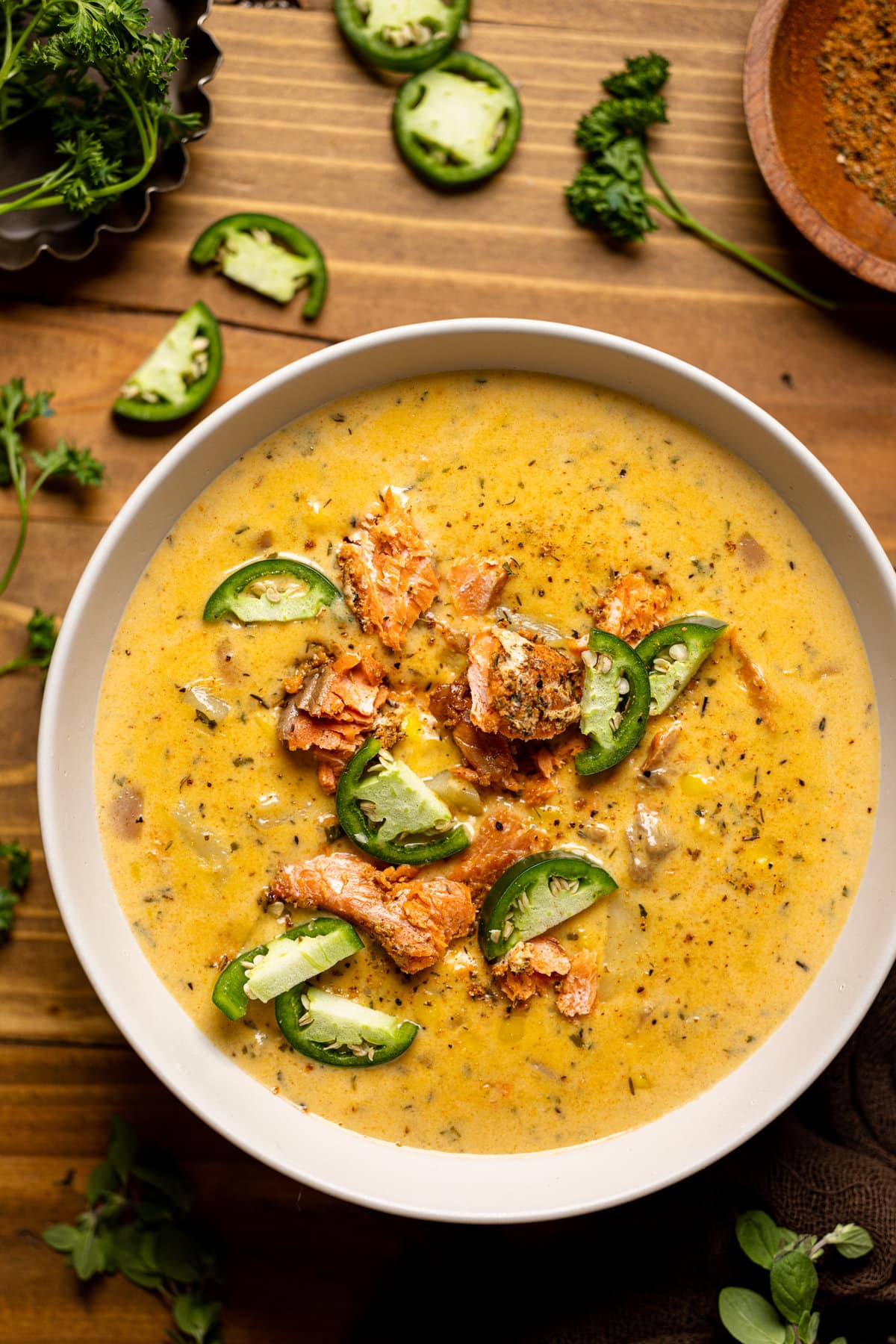 Closeup of a bowl of Creamy Blackened Salmon Chowder