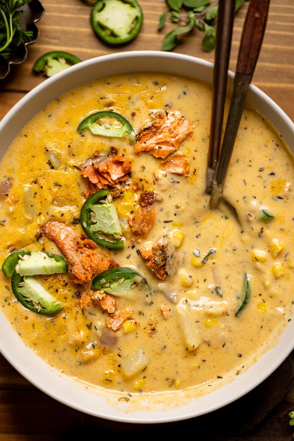 Closeup of Creamy Blackened Salmon Chowder