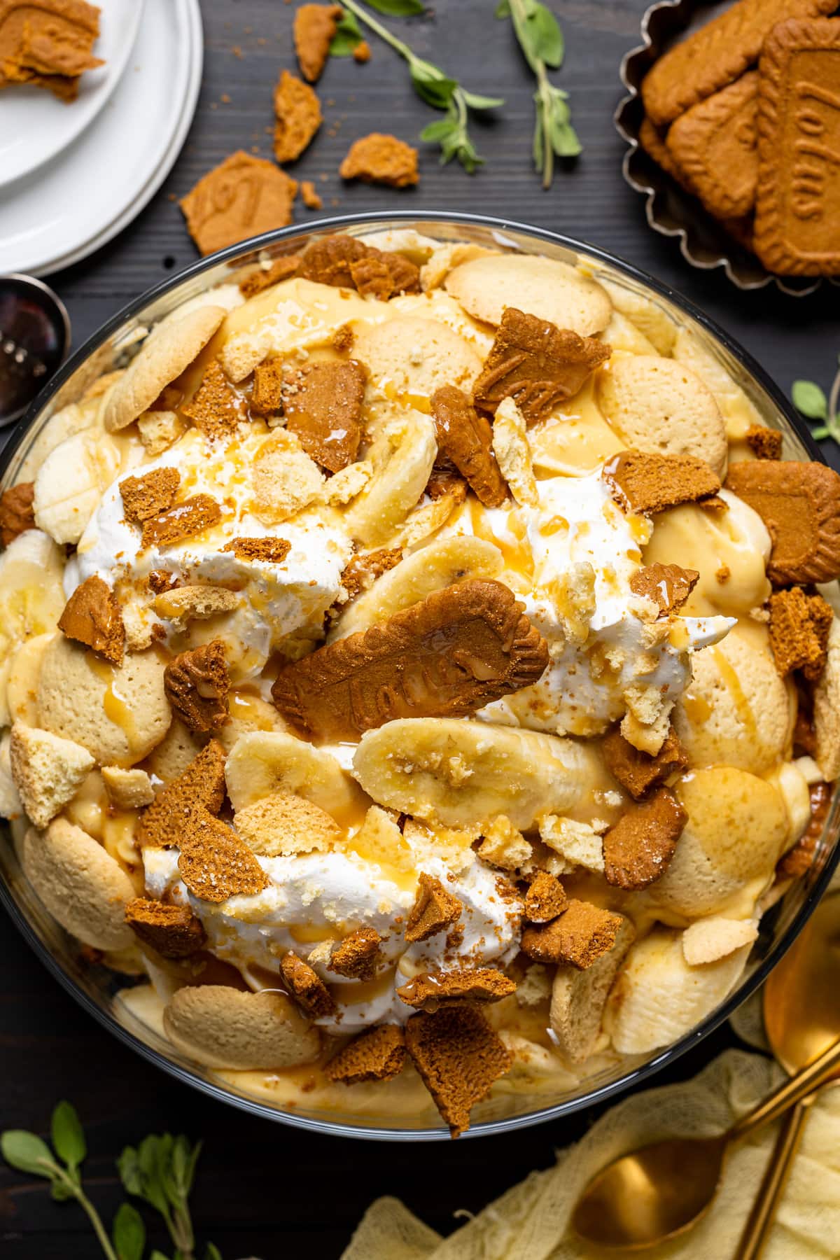 Closeup of a bowl of The Best Biscoff Banana Pudding with Caramel