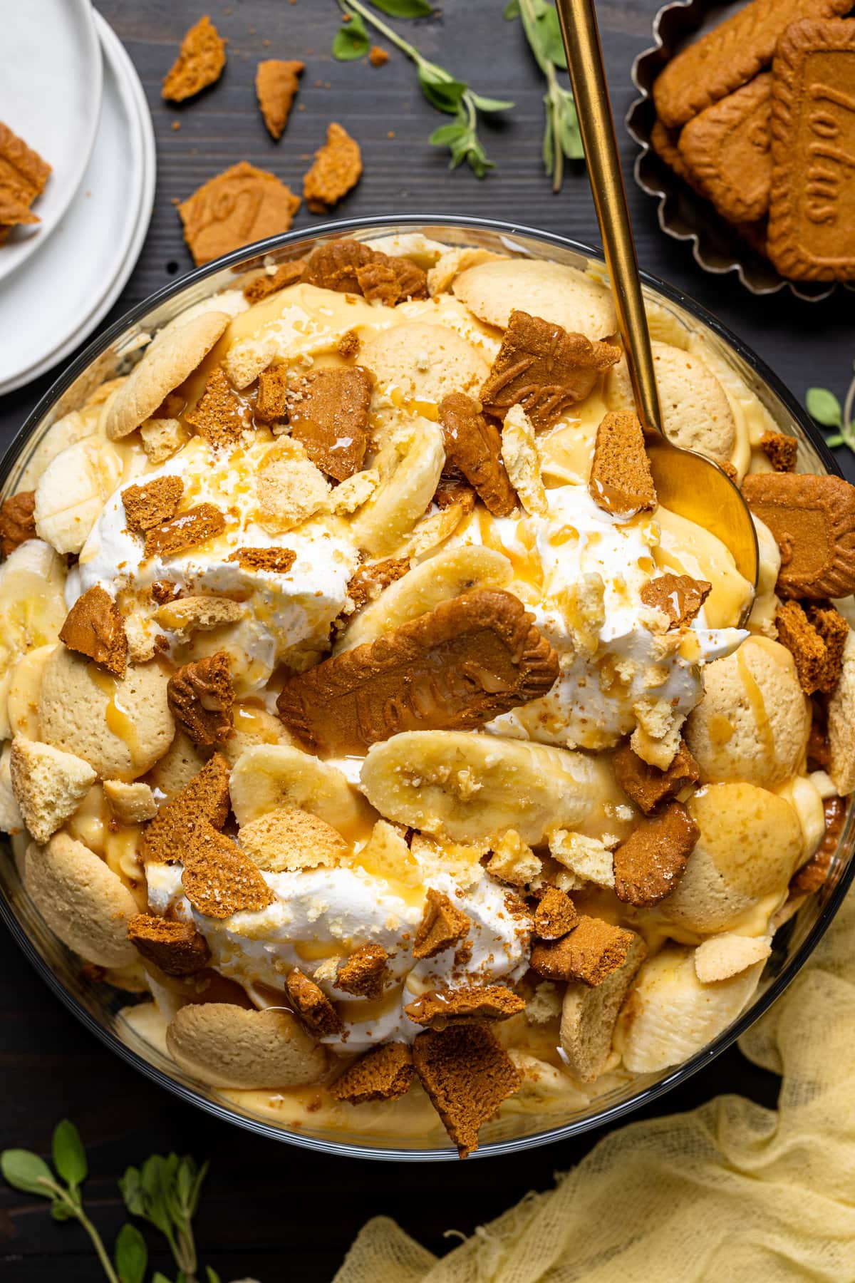 Overhead shot of Biscoff Banana Pudding with Caramel