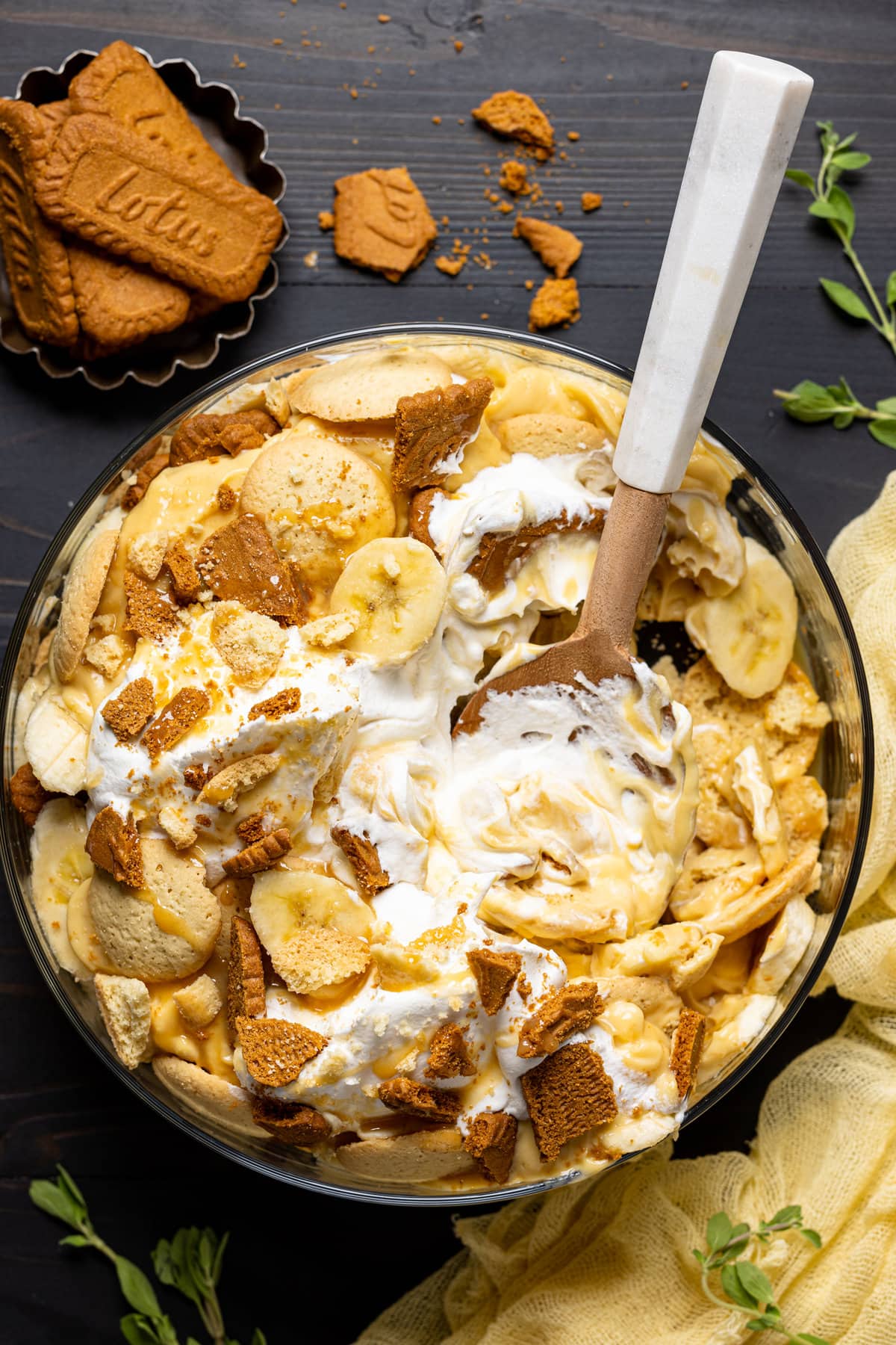 Biscoff Banana Pudding with Caramel being served with a spoon