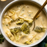 Overhead shot of Creamy Lemon Broccoli Tortellini Soup