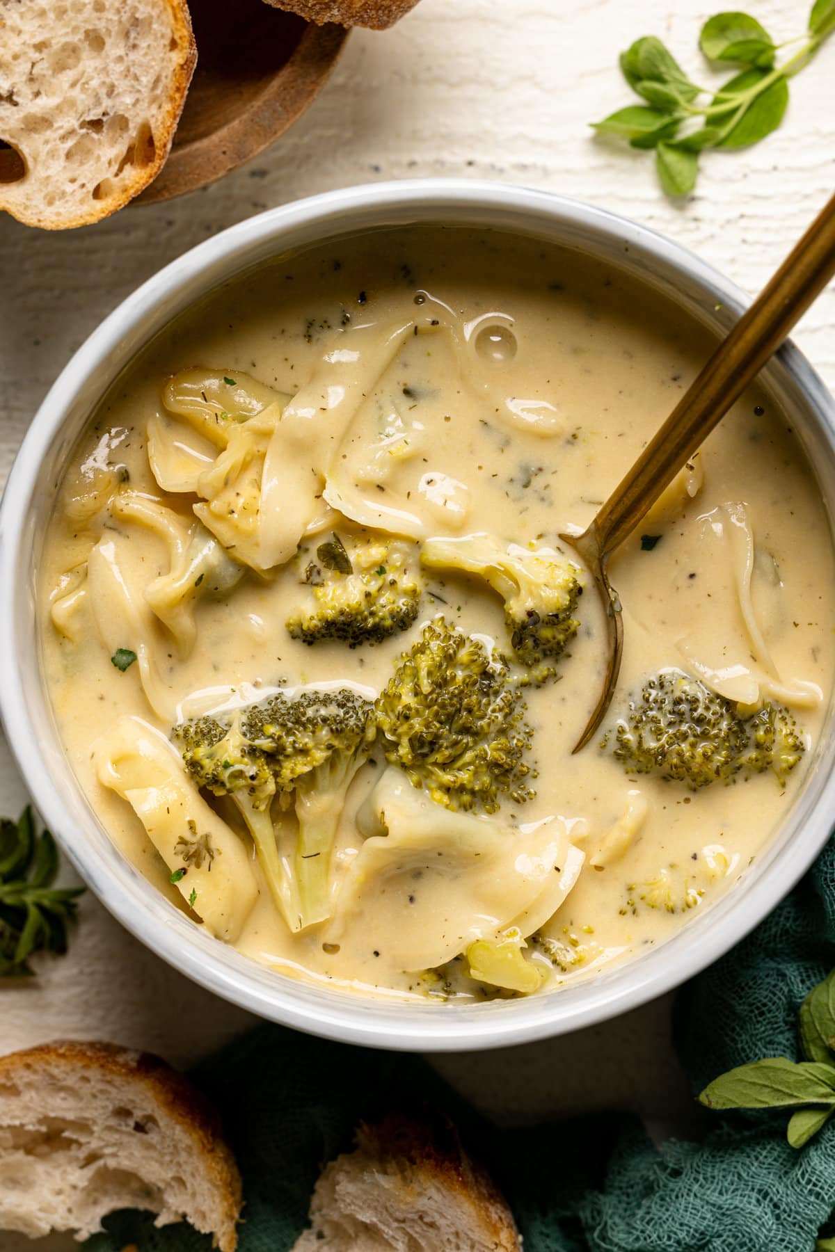 Overhead shot of Creamy Lemon Broccoli Tortellini Soup