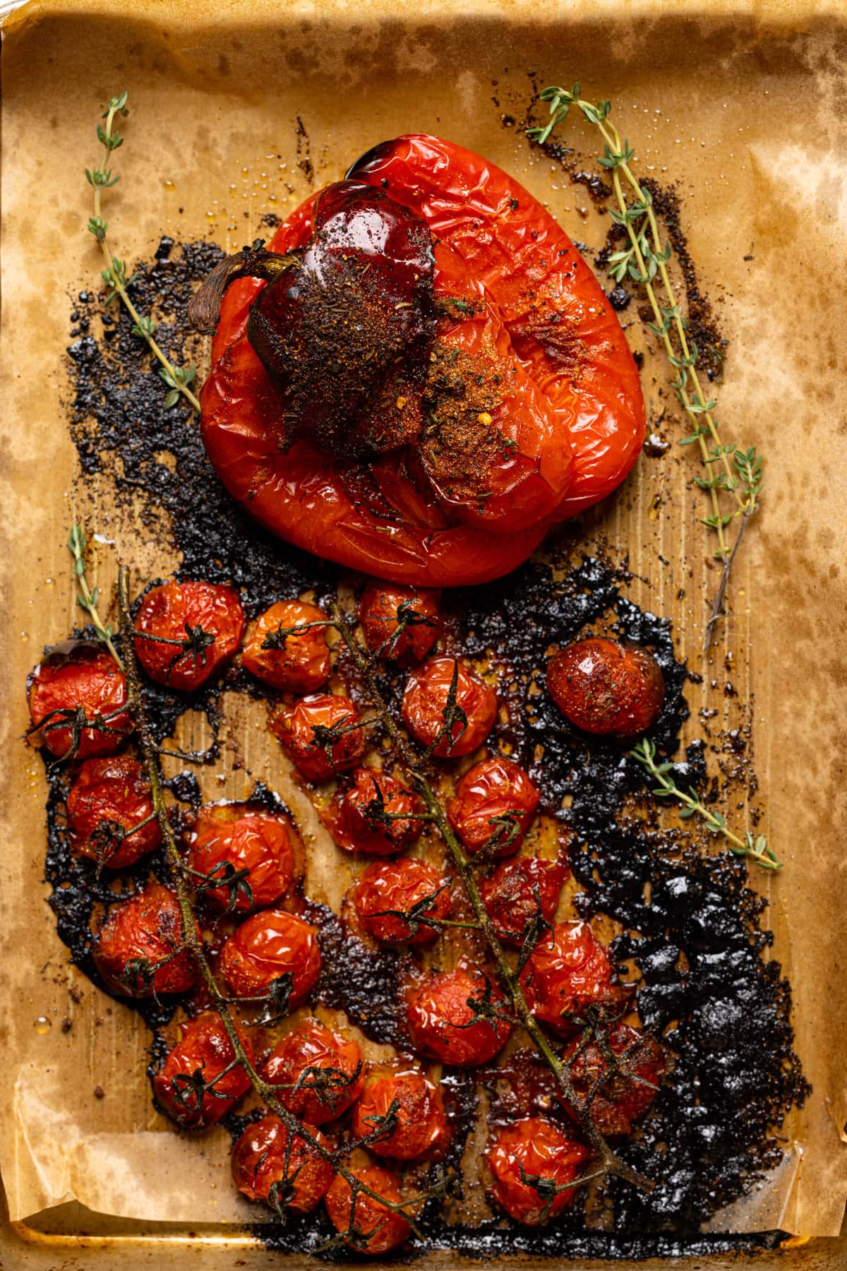 Baking sheet of roasted peppers and tomatoes