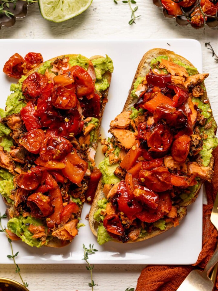 Overhead shot of two pieces of Jerk Salmon Avocado Toast