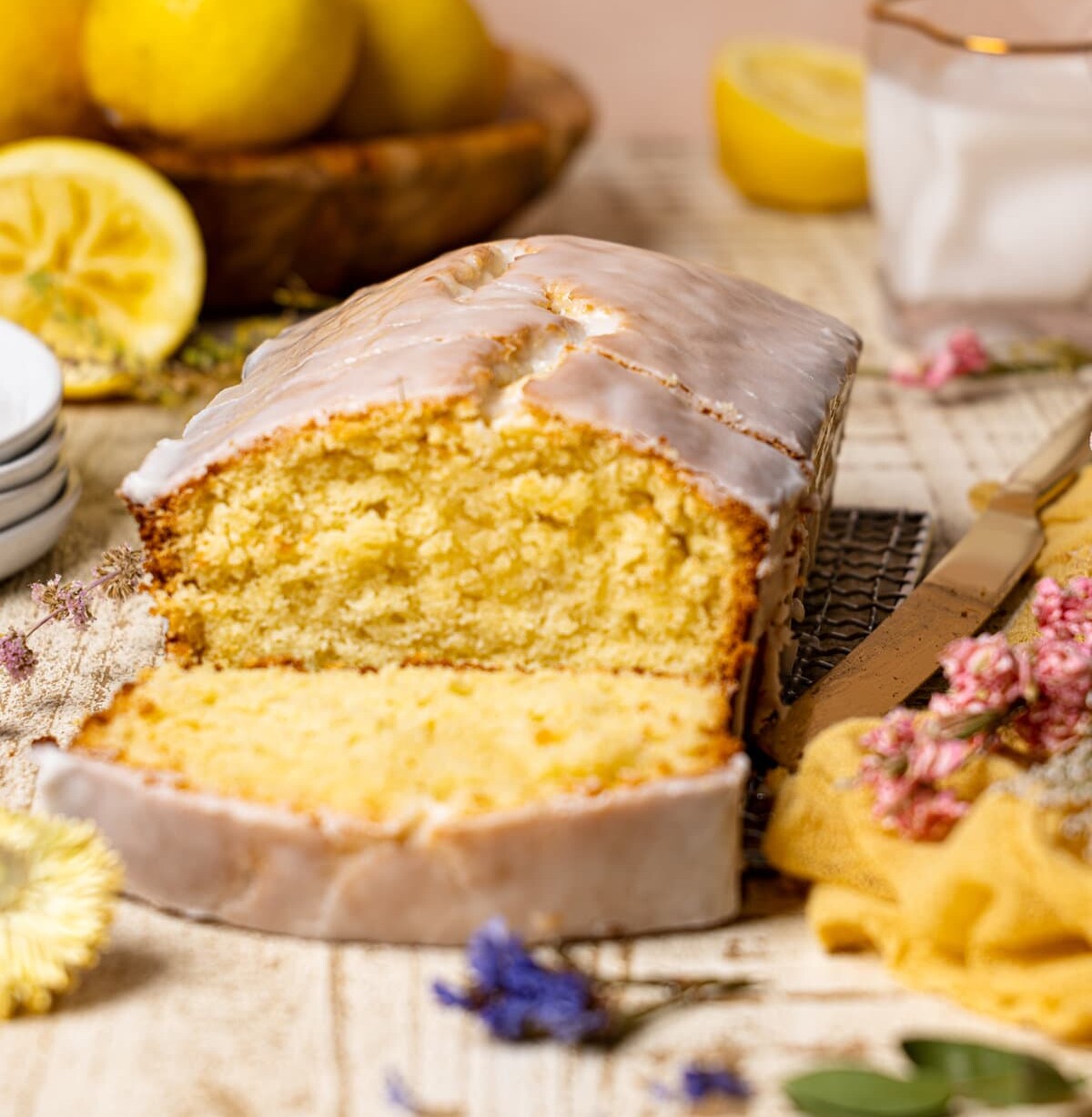 Sliced Iced Lemon Loaf Pound Cake 