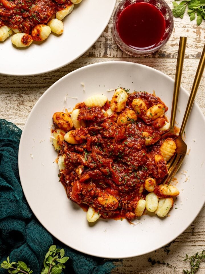 Overhead shot of a bowl of Vegan Meat Sauce with Gnocchi