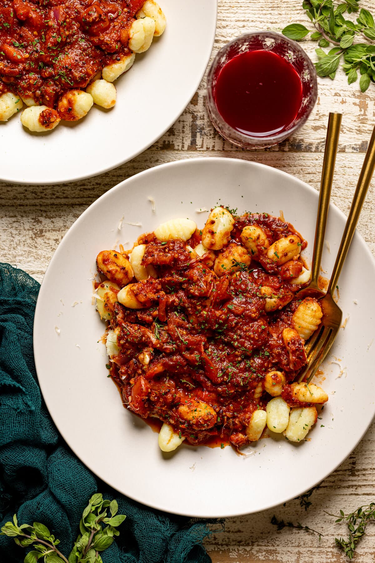 Overhead shot of a bowl of Vegan Meat Sauce on Gnocchi 